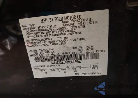 2021 Ford Ecosport Titanium из США, поврежденный, VIN MAJ6S3KL9MC445067